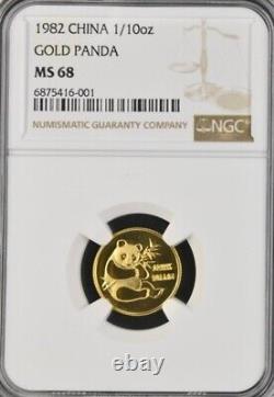 1982 China, 10 Yuan 1/10 oz. 999 Gold Panda, MS 68 NGC