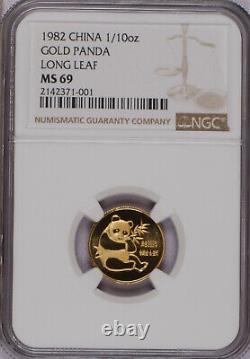 1982 Gold Panda 1/10 oz. Long Leaf NGC MS69. Free Shipping