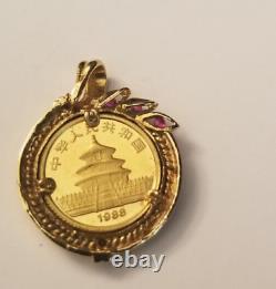 1988 China Prc. 999 Gold Panda Coin In Pendant With Stones