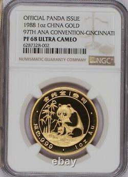 1988 Gold Panda 1 oz. 97th ANA Convention Cincinnati NGC PF68 UC. Rare