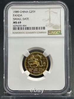 1989 China Panda 1/4oz Gold 25 Yuan NGC MS-69 Small Date