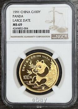 1991 1 oz. 999 Fine Gold China Panda Large Date NGC MS69 100 Yuan