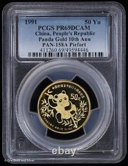 1991 50 Yuan 1 oz Gold China Panda PAN-158A Piefort PCGS PR 69 DCAM 10th Anniv