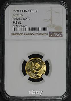 1991 China 10 Yuan Small Date Gold Panda 1/10 oz NGC MS-66