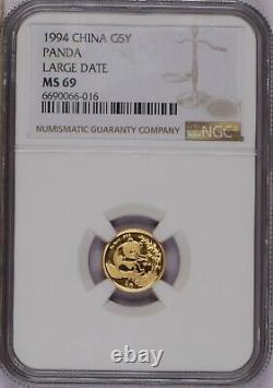 1994 Gold Panda 1/20 oz. 5 Yuan Large Date NGC MS69. Free shipping