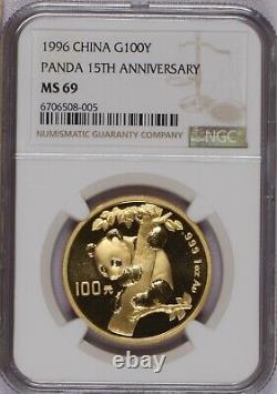 1996 Gold Panda 1 oz. 100 Yuan 15th Anniversary NGC MS69