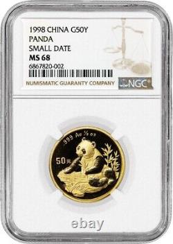 1998 Small Date 50 Yuan Republic Of China 1/2 oz 999 Chinese Gold Panda NGC MS68