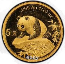 1999 5 Yuan China 1/20 Gold Panda. Large Date Serif 1. PCGS UNC DETAILS