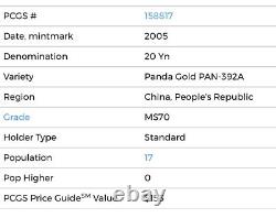 2005 20 Yuan China 1/20 Oz Gold Panda. PCGS MS 70. TOP POP? POP 17