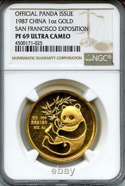 China 1987, Gold Panda 1 ounce SAN FRANCISCO yuan coin NGC PROOF 69 Ultra Cameo