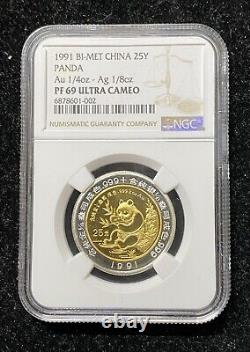 China 1991 25 Yuan BI-METALLIC 1/4 Gold & Silver Panda Proof Coin NGC PF69